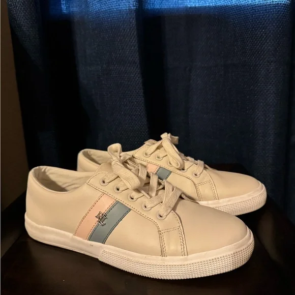 Lauren Ralph Lauren Cream Sneakers with Pink and Blue Details - Picture 4 of 6